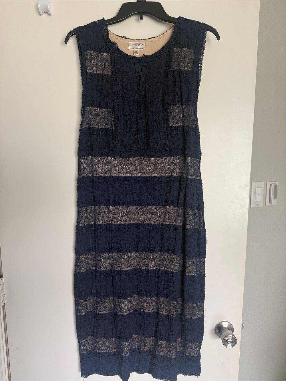 Sleeveless Navy Lace-Striped Midi Dress